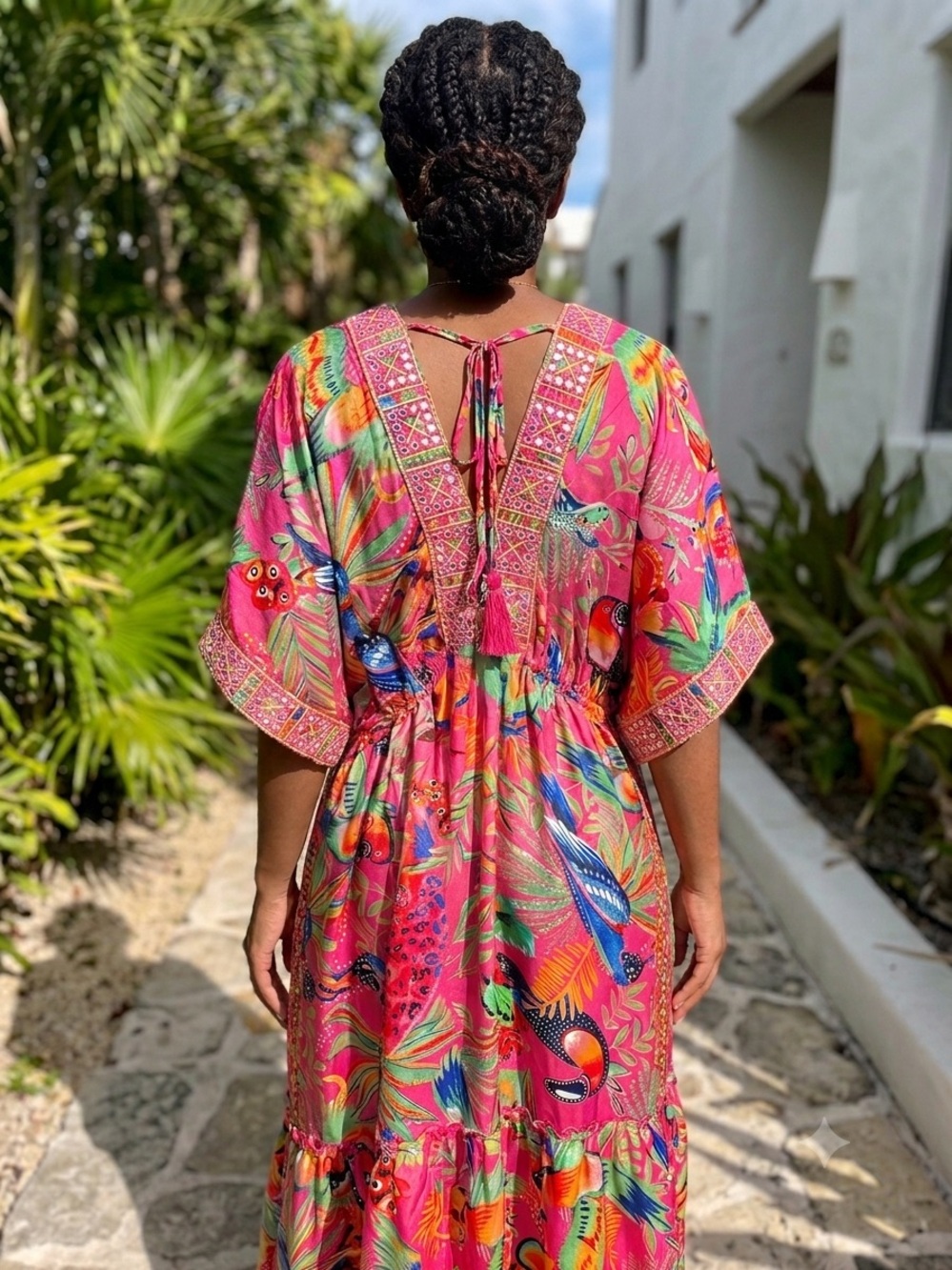 Vibrant Pink Tropical Print Maxi Dress